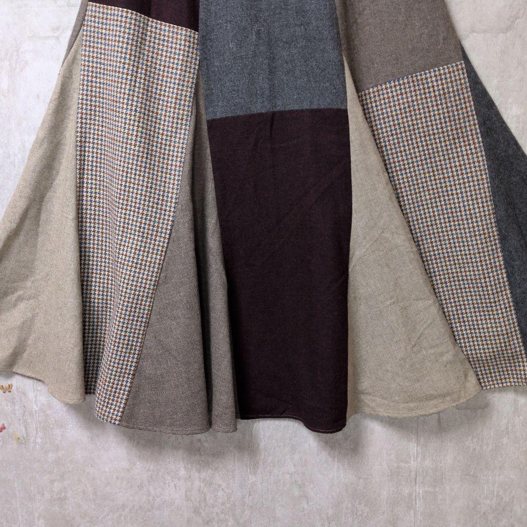 フィグロンドン パッチワークフレアロングスカート ウール混